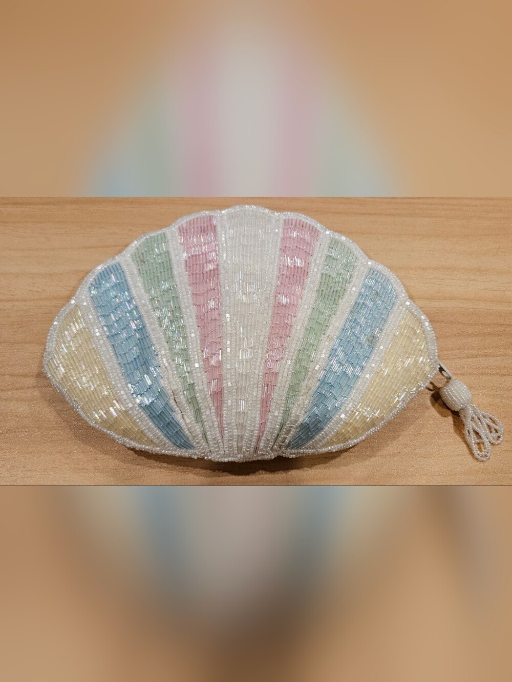 Vintage Handmade Beaded Seashell Pastel Color Pouch Bag Zipper Closure Boho Chic